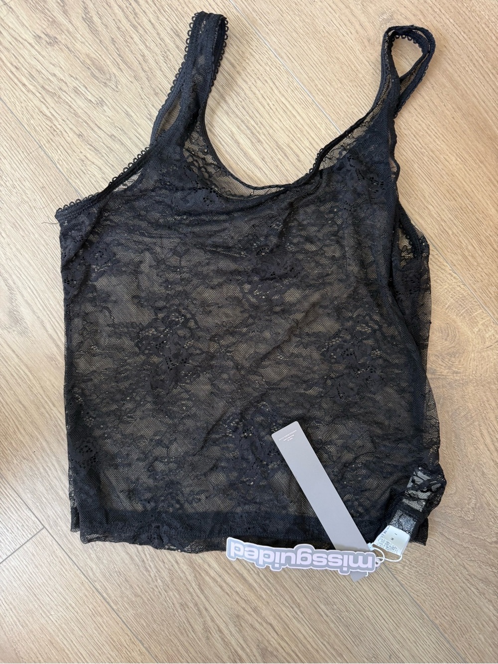 MISSGUIDED Black Sheer Floral Lace Cami Tank Top NWT Size L